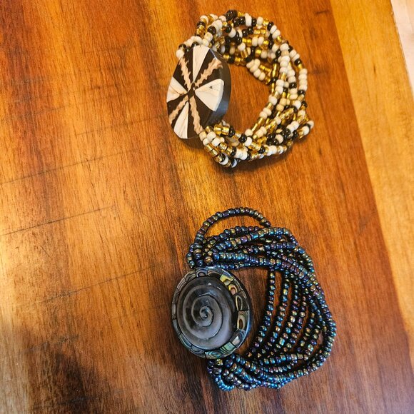 two stretch beaded bracelets one abalone and the other mosaic great pieces never - Picture 1 of 5